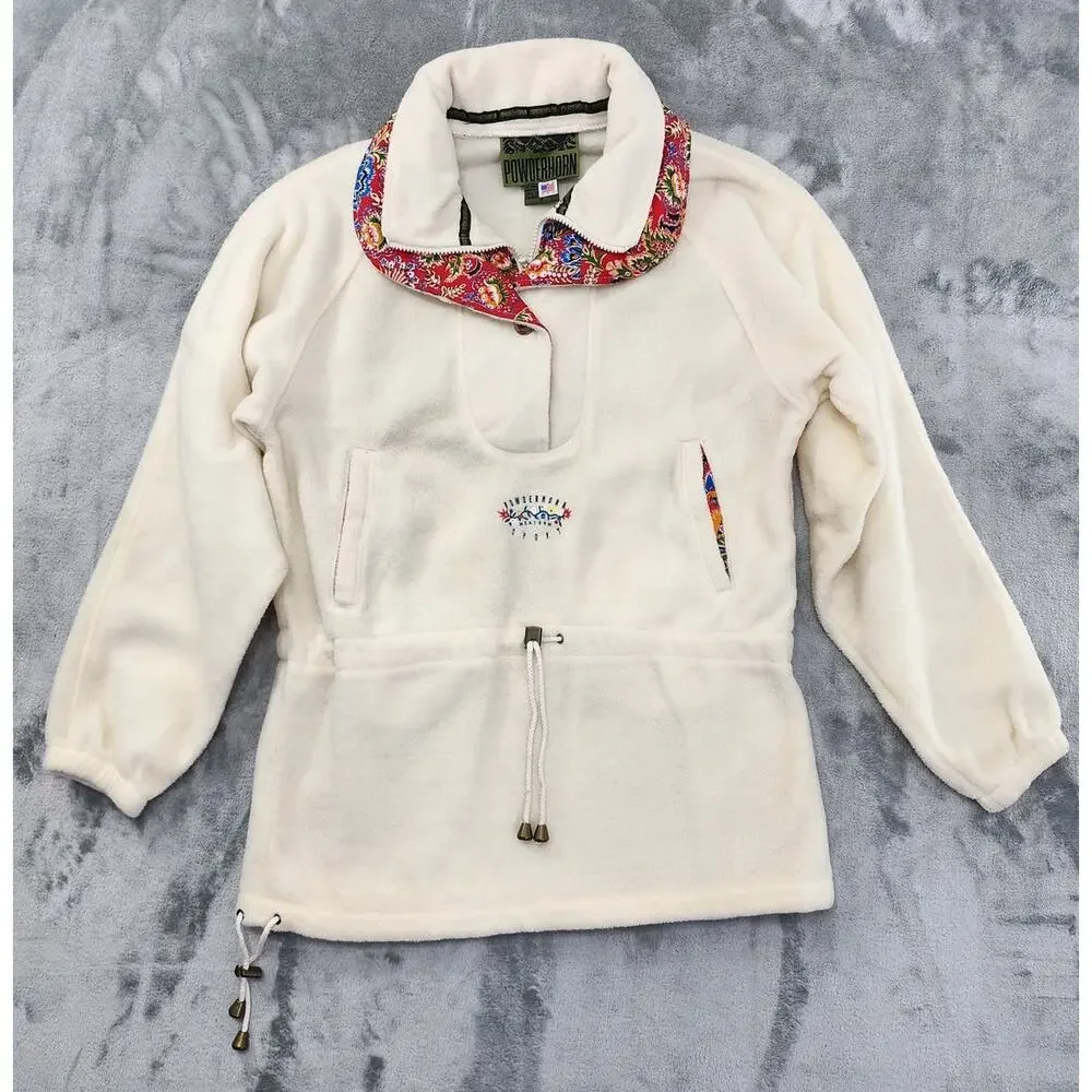 Vintage 80s‎ Powderhorn Fleece Zip Neck Pullover Skiing Jacket Size M Cream Warm